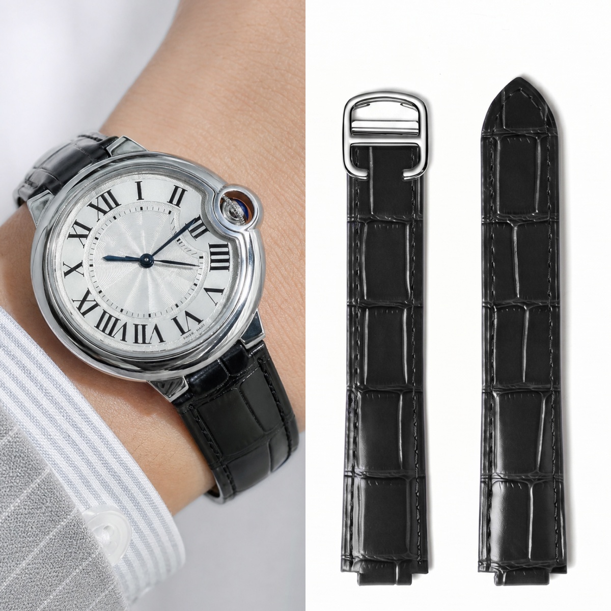 Correa de reloj de cuero con d - Cartier Watch Ballon Bleu reseña y precio
